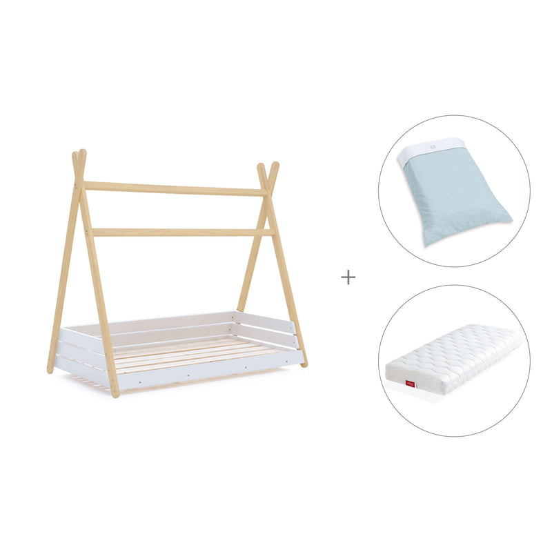 Wooden Montessori bed-cottage 70x140 cm with Mint textile · Homy Life