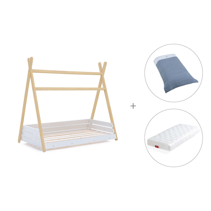 cama-cabaña Montessori con colchón y sábana