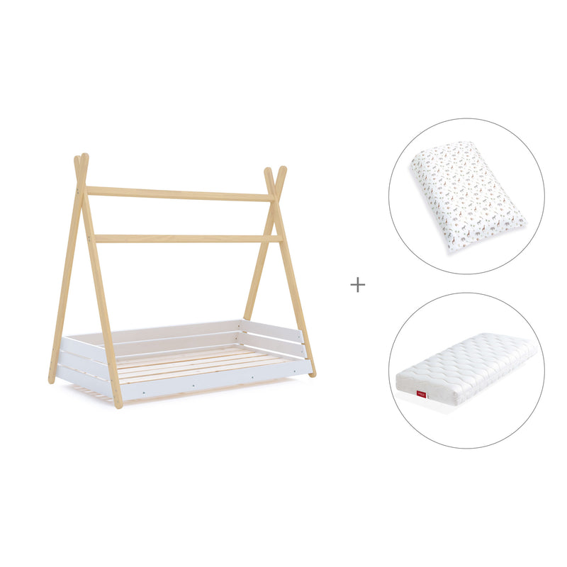 Wooden Montessori junior bed 90x200 cm with Natura textile · Homy Life XL