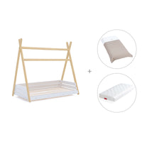 colchón y sábana con la cama montessori con forma de cabaña