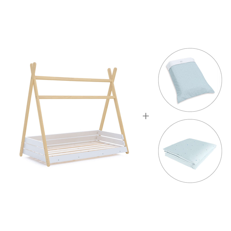 Lit d'enfant Montessori 70x140 cm en bois avec linge de lit Mint · Homy Life