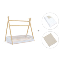 Wooden Montessori bed 70x140 cm with beige bedding · Homy Life