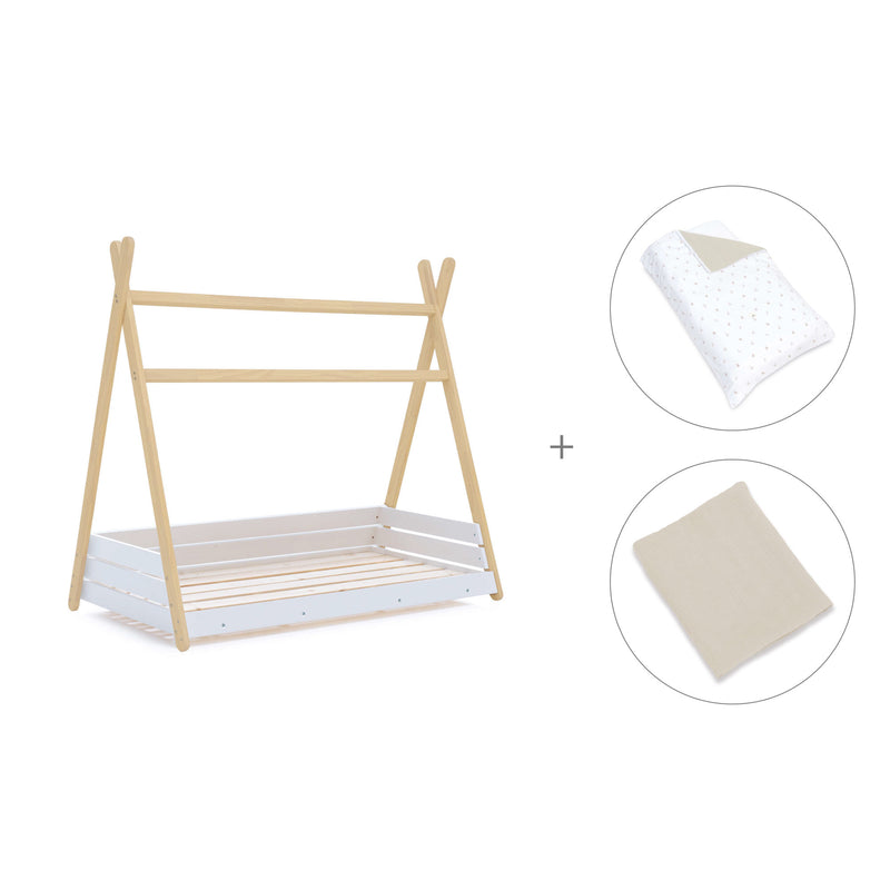 Wooden Montessori bed 70x140 cm with beige bedding · Homy Life