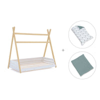 Wooden Montessori bed 70x140 cm with green bedding · Homy Life