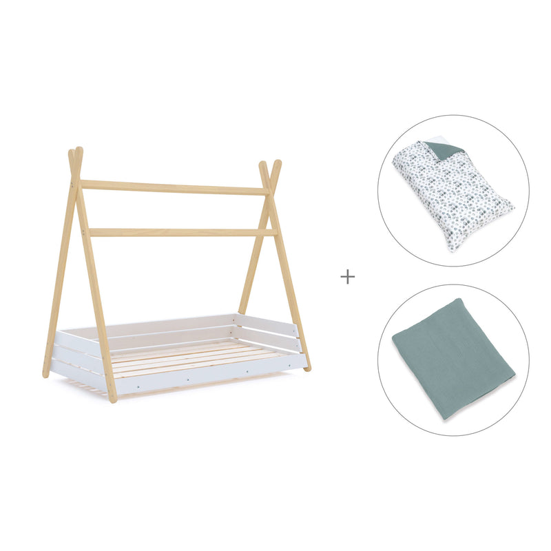 Wooden Montessori bed 70x140 cm with green bedding · Homy Life