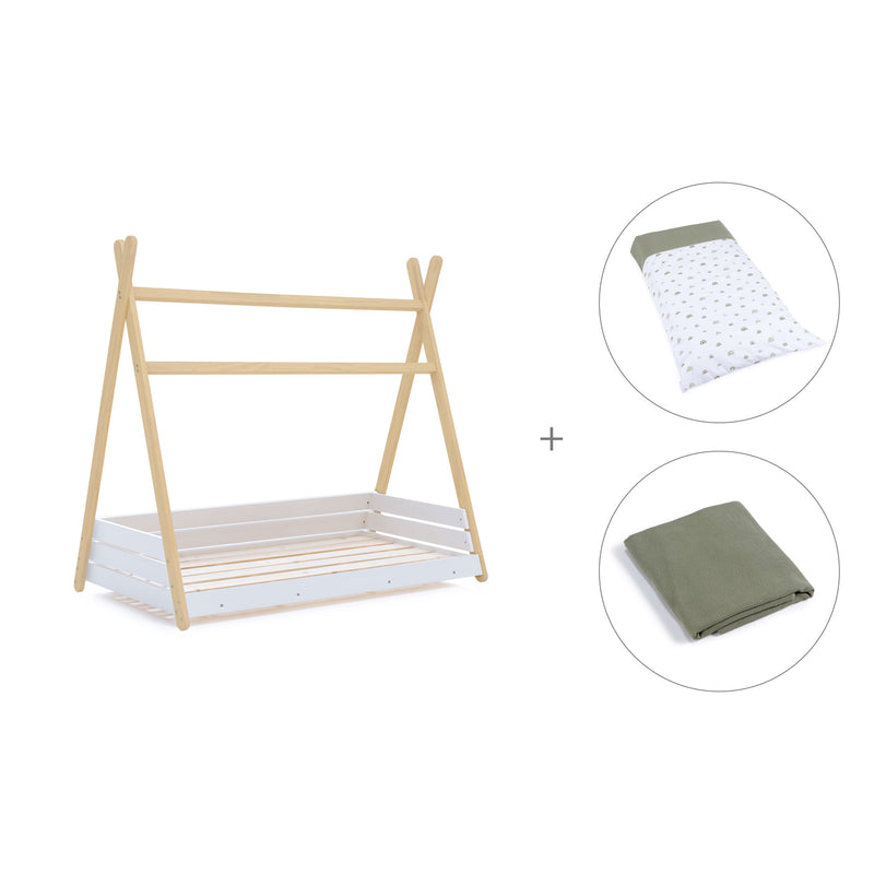 Lit d'enfant Montessori 70x140 cm en bois avec linge de lit Espuma do mar · Homy Life