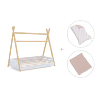 Wooden Montessori bed 70x140 cm with pink flowers bedding · Homy Life