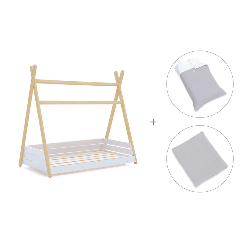 Wooden Montessori bed 70x140 cm with grey bedding · Homy Life