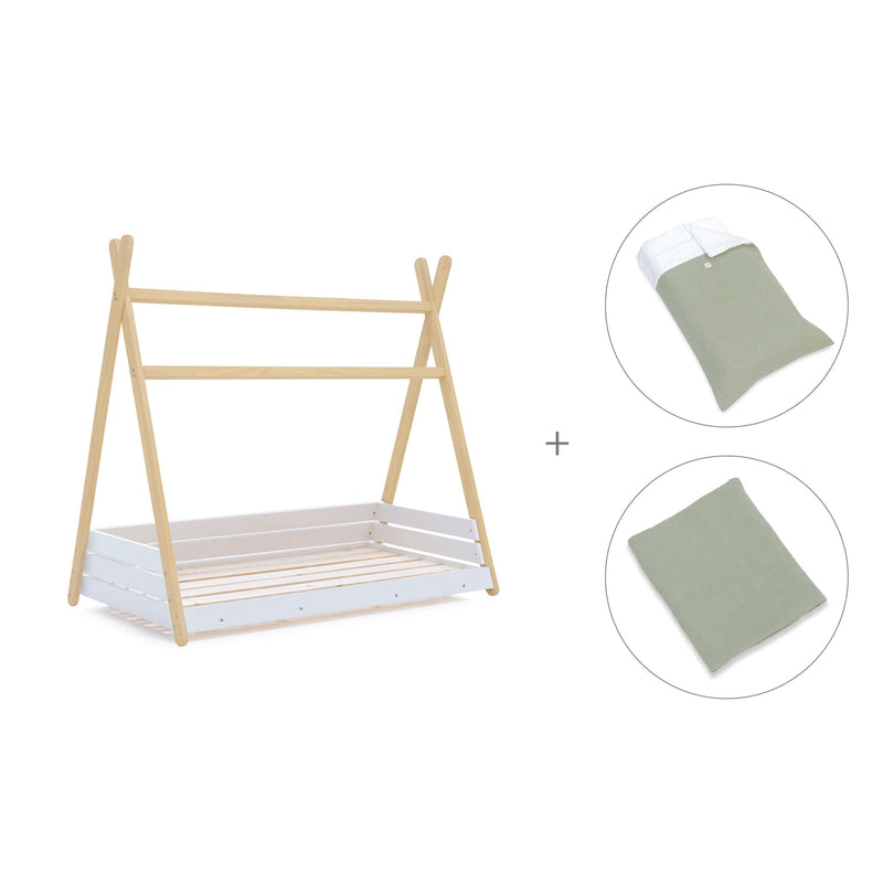 Wooden Montessori bed 70x140 cm with green bedding · Homy Life