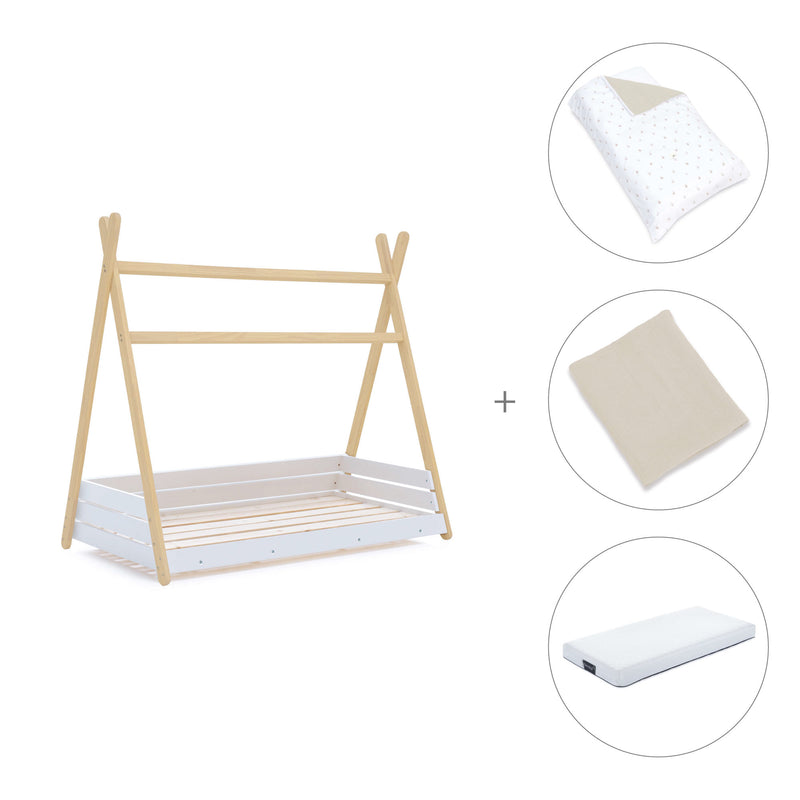Wooden Montessori bed 70x140 cm with beige bedding · Homy Life