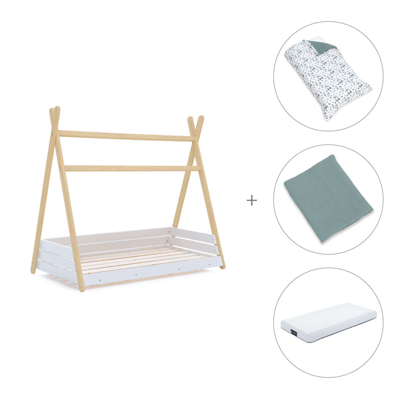 Wooden Montessori bed 70x140 cm with green bedding · Homy Life