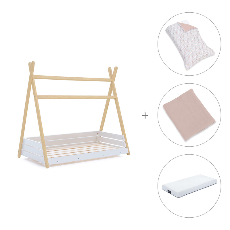 Wooden Montessori bed 70x140 cm with pink flowers bedding · Homy Life