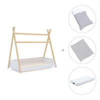 Wooden Montessori bed 70x140 cm with grey bedding · Homy Life