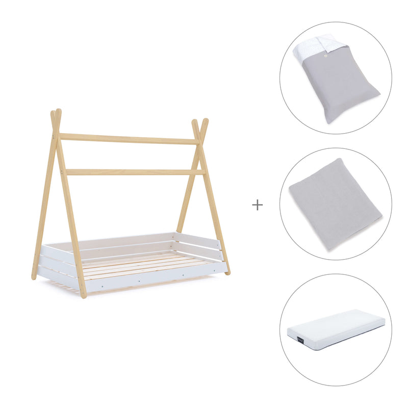 Wooden Montessori bed 70x140 cm with grey bedding · Homy Life