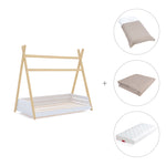 cama montessori con forma de cabaña y conjunto de colchón, sábana y toldo