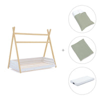 Wooden Montessori bed 70x140 cm with green bedding · Homy Life