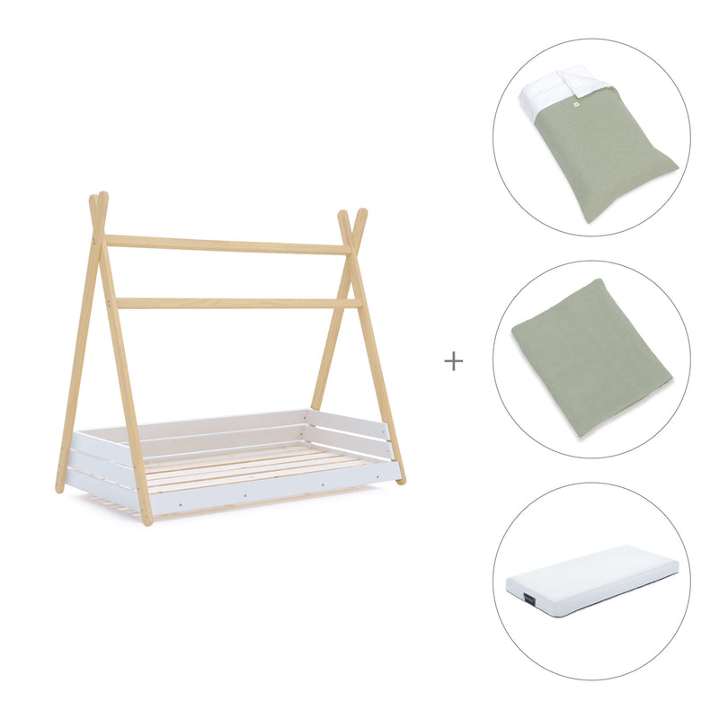 Wooden Montessori bed 70x140 cm with green bedding · Homy Life