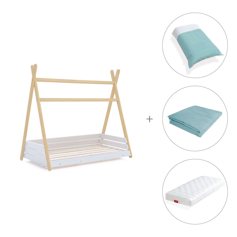 Lit d'enfant Montessori 70x140 cm en bois avec linge de lit Mare · Homy Life