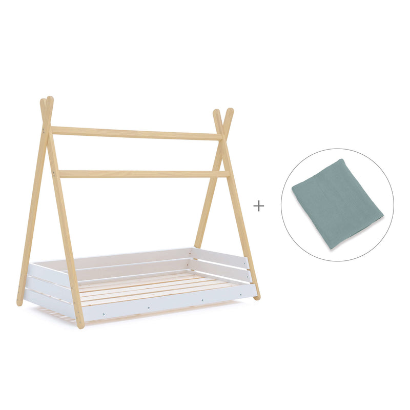 Lit Montessori bois 90x200 cm avec linge de lit vert eucalyptus · Homy Life XL