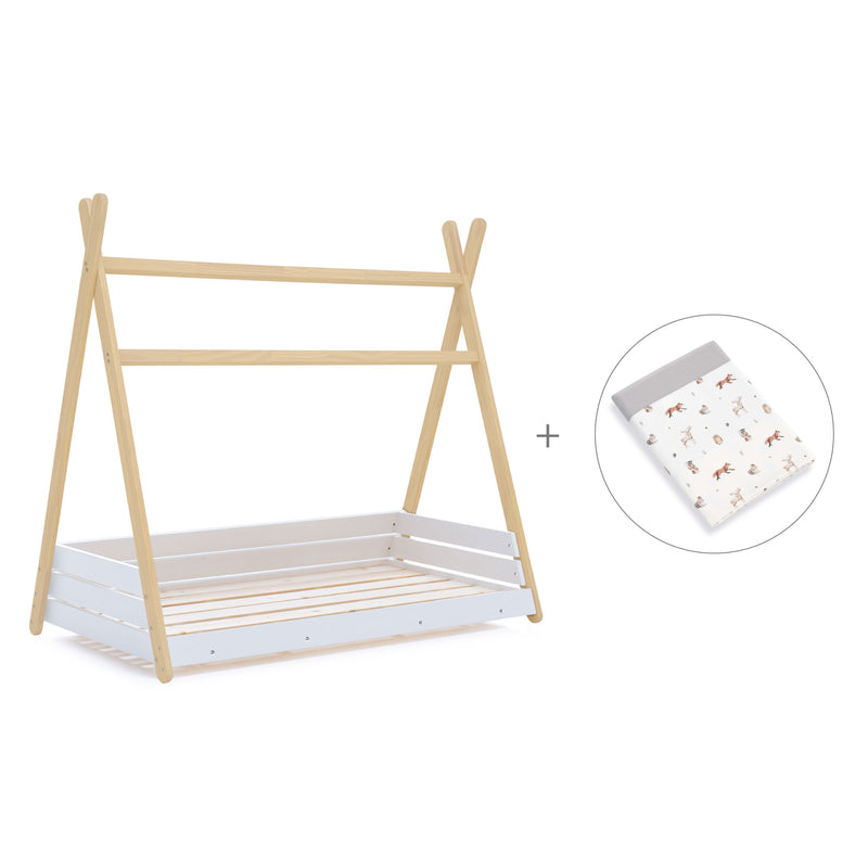 Wooden Montessori junior bed 90x200 cm with Taiga textile · Homy Life XL