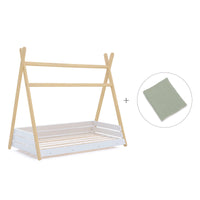 Wooden Montessori bed 90x200 cm with green bedding · Homy Life XL