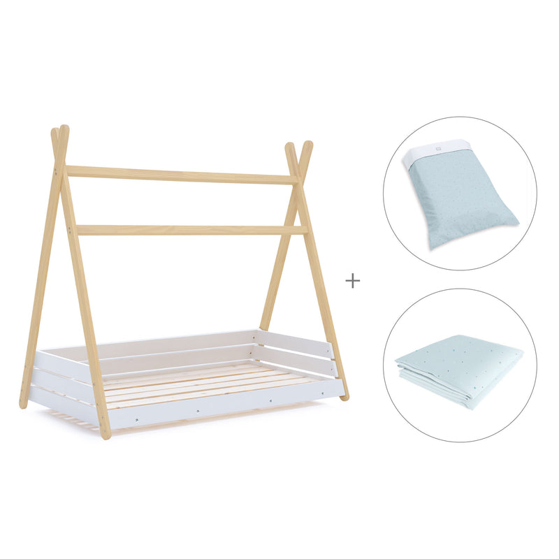 Lit d'enfant Montessori 90x200 cm en bois avec linge de lit Mint · Homy Life XL