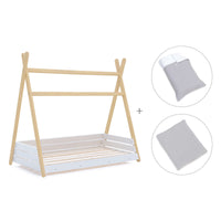 Wooden Montessori bed 90x200 cm with grey bedding · Homy Life XL