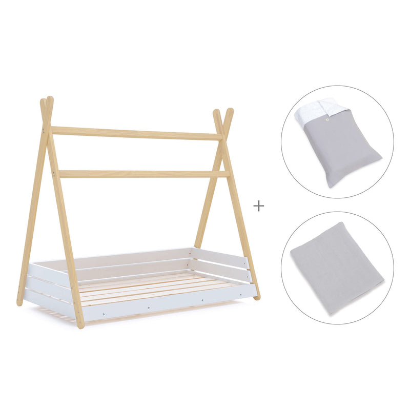 Wooden Montessori bed 90x200 cm with grey bedding · Homy Life XL