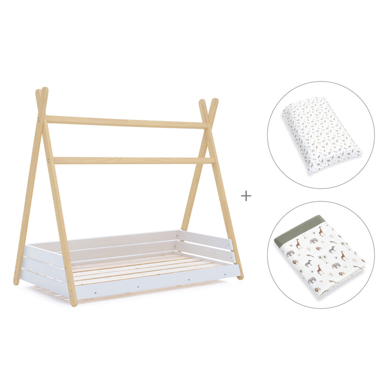 Lit d'enfant Montessori 90x200 cm en bois avec linge de lit Natura · Homy Life XL