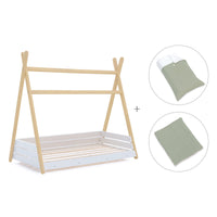 Wooden Montessori bed 90x200 cm with green bedding · Homy Life XL