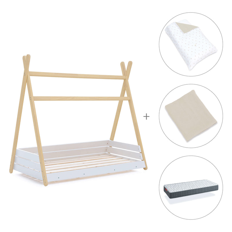 Lit Montessori bois 90x200 cm avec linge de lit beige · Homy Life XL
