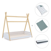 Lit Montessori bois 90x200 cm avec linge de lit vert eucalyptus · Homy Life XL