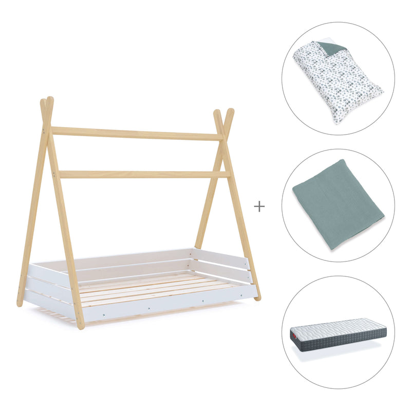 Lit Montessori bois 90x200 cm avec linge de lit vert eucalyptus · Homy Life XL