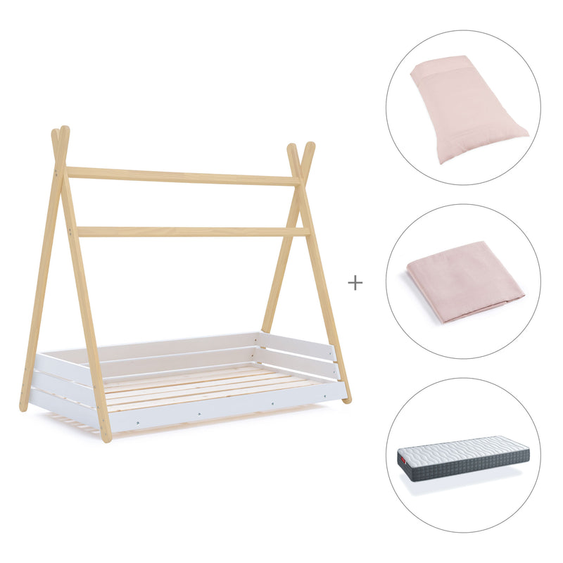 Lit d'enfant Montessori 90x200 cm en bois avec linge de lit Cremarosa · Homy Life XL