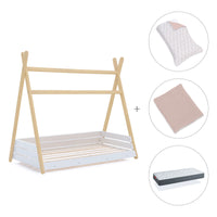 Lit Montessori bois 90x200 cm avec linge de lit rose · Homy Life XL