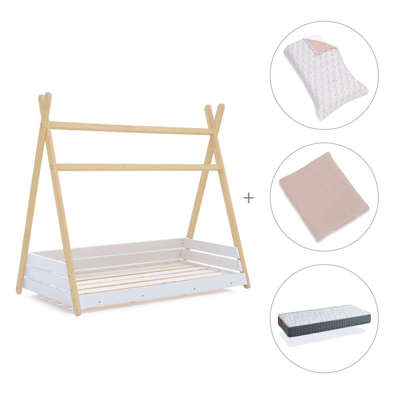 Lit Montessori bois 90x200 cm avec linge de lit rose · Homy Life XL