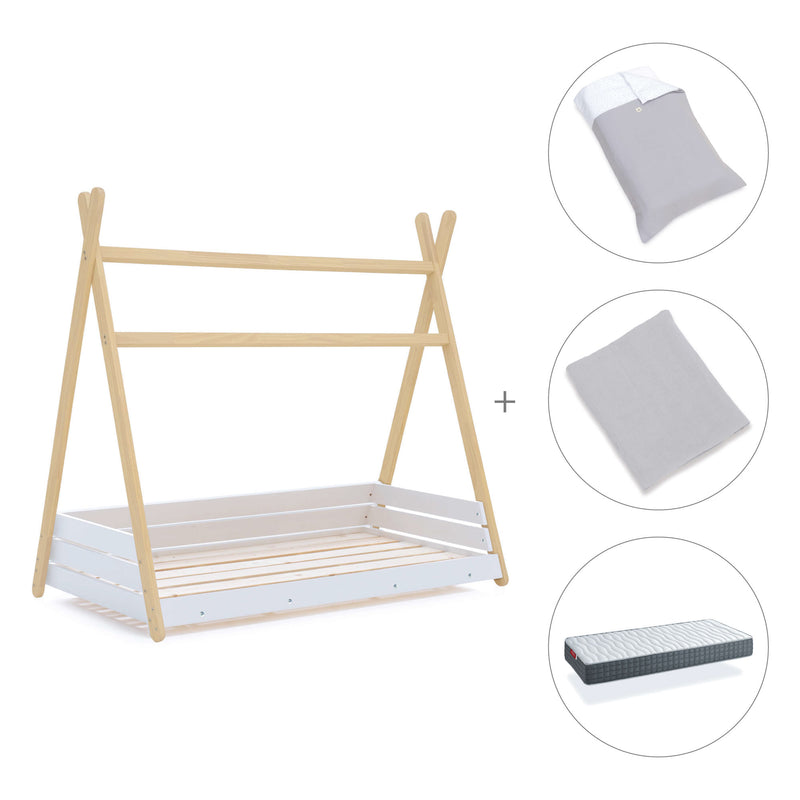 Wooden Montessori bed 90x200 cm with grey bedding · Homy Life XL