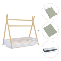 Wooden Montessori bed 90x200 cm with green bedding · Homy Life XL
