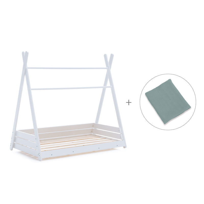 Lit Montessori blanc 90x200 cm avec linge de lit vert eucalyptus · Homy XL