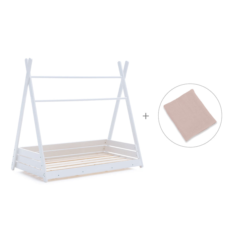 Lit Montessori blanc 90x200 cm avec linge de lit fleurs rose · Homy XL