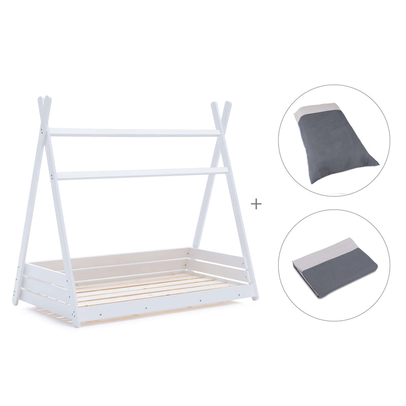 Lit cabane Montessori 90x200 cm avec linge de lit Stone Grey · Homy XL