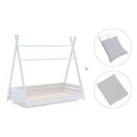 Lit Montessori blanc 90x200 cm avec linge de lit gris · Homy XL