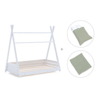 Lit Montessori blanc 90x200 cm avec linge de lit vert · Homy XL