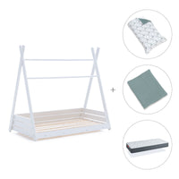 Lit Montessori blanc 90x200 cm avec linge de lit vert eucalyptus · Homy XL