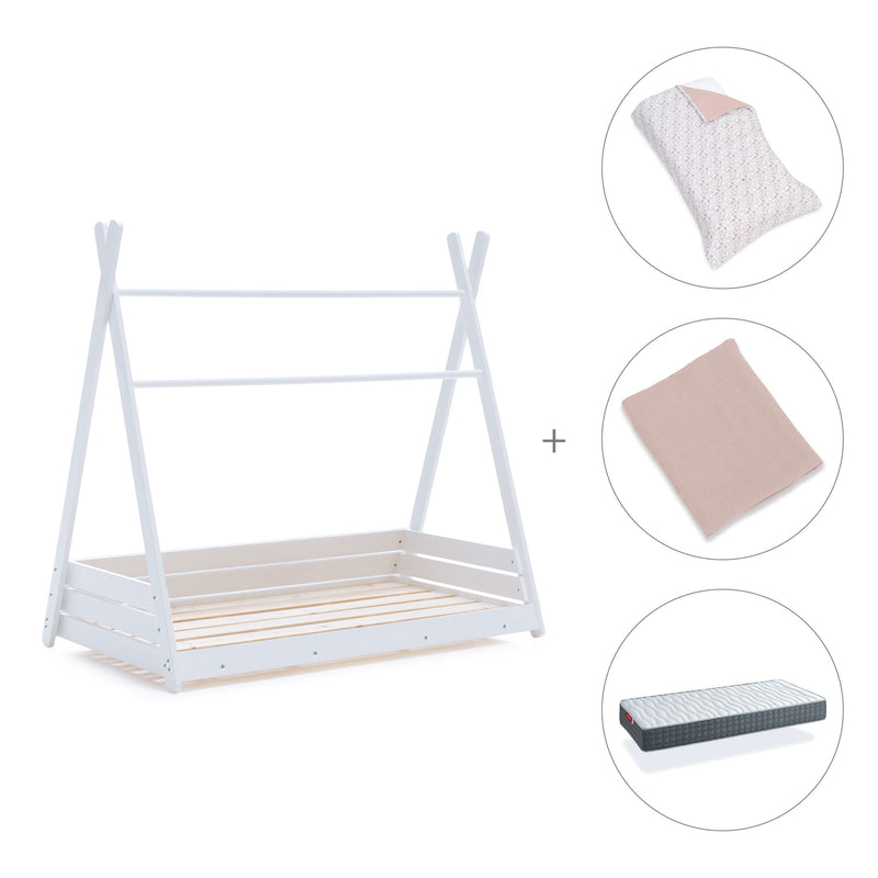 Lit Montessori blanc 90x200 cm avec linge de lit fleurs rose · Homy XL