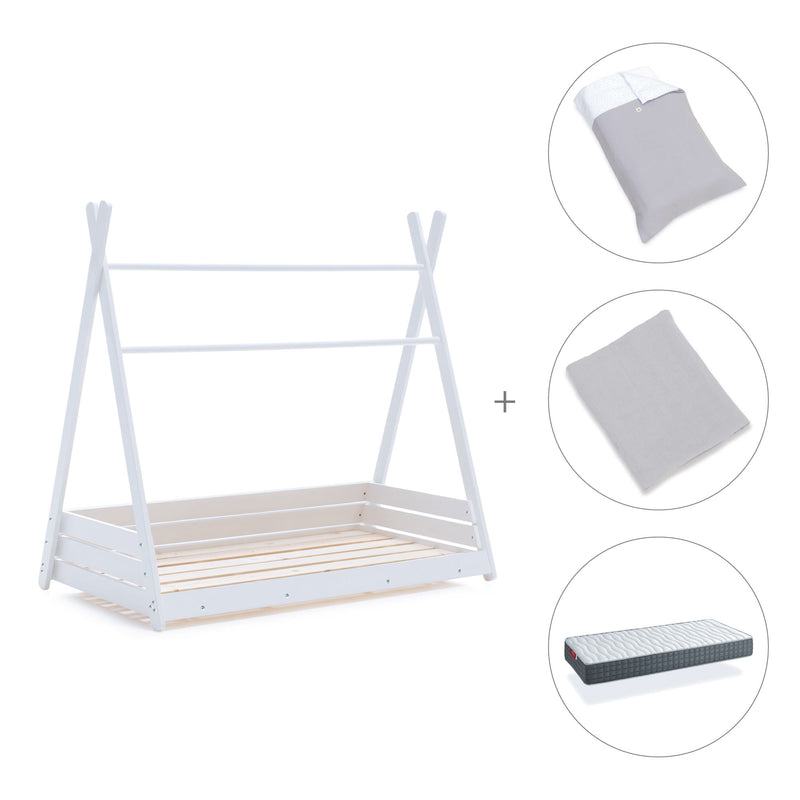 Lit Montessori blanc 90x200 cm avec linge de lit gris · Homy XL