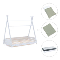 Lit Montessori blanc 90x200 cm avec linge de lit vert · Homy XL
