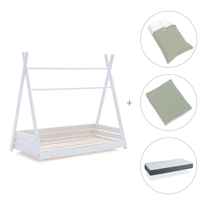 Lit Montessori blanc 90x200 cm avec linge de lit vert · Homy XL