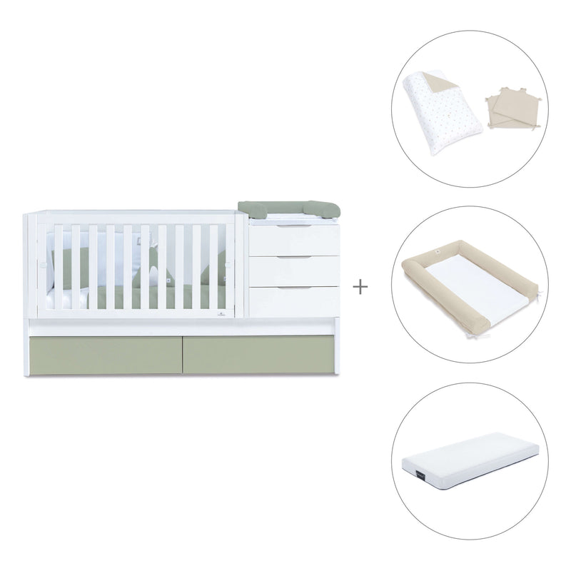 Convertible crib with drawers/trundle bed 70x140 cm white/green-olive · Sero More K546-M7756