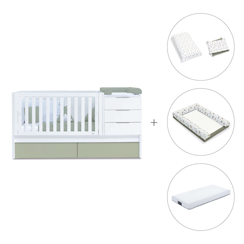 Convertible crib with drawers/trundle bed 70x140 cm white/green-olive · Sero More K546-M7756